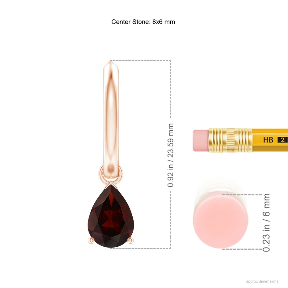 8x6mm A Pear-Shaped Garnet Hinged Hoop Drop Earrings in Rose Gold ruler