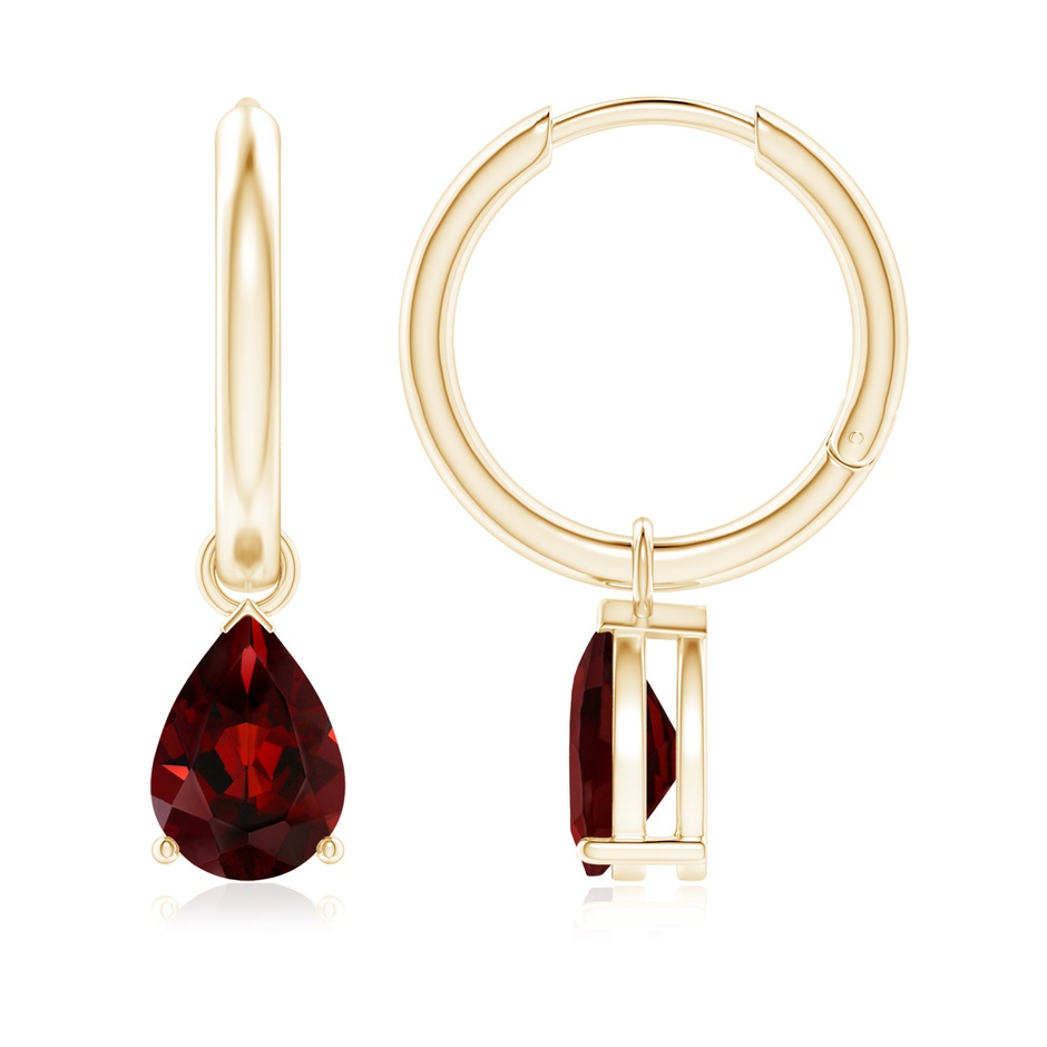 8x6mm AAA Pear-Shaped Garnet Hinged Hoop Drop Earrings in Yellow Gold 