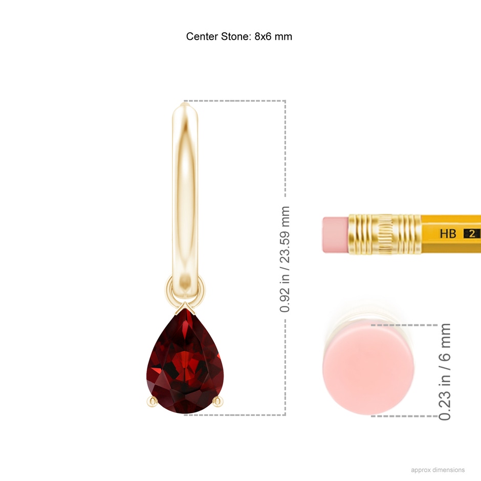 8x6mm AAA Pear-Shaped Garnet Hinged Hoop Drop Earrings in Yellow Gold ruler