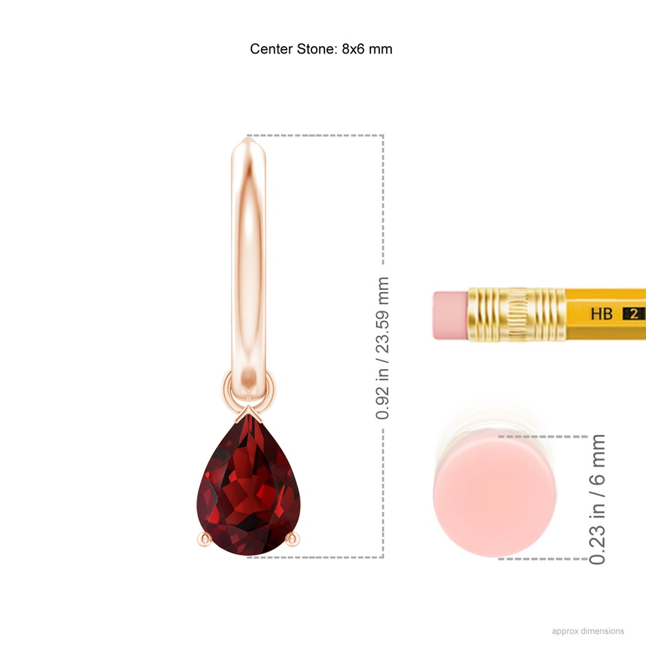 8x6mm AAAA Pear-Shaped Garnet Hinged Hoop Drop Earrings in Rose Gold ruler