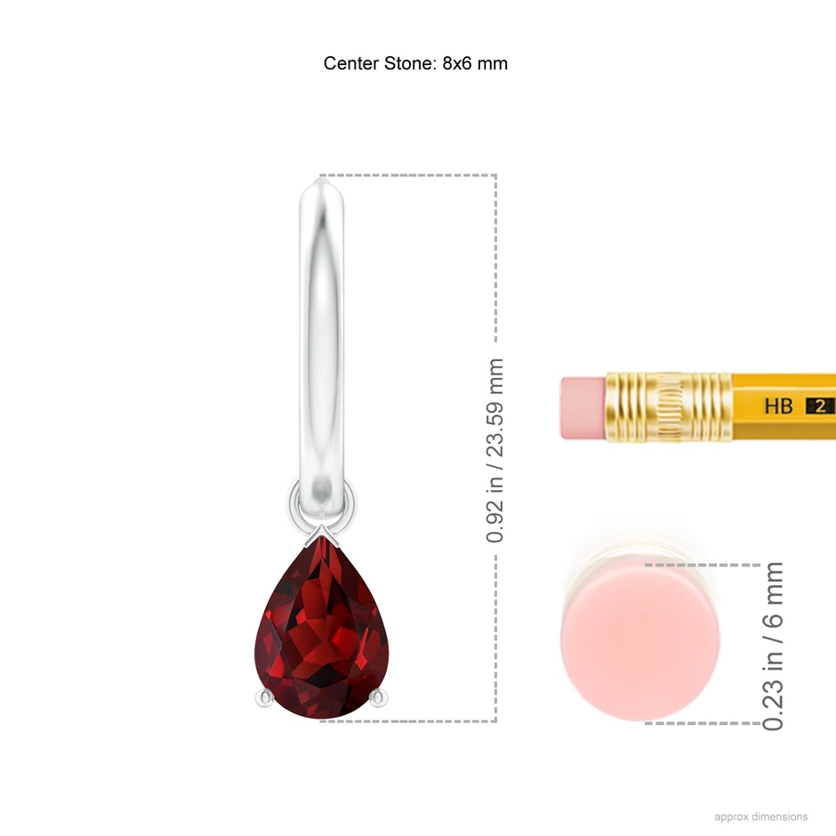 8x6mm AAAA Pear-Shaped Garnet Hinged Hoop Drop Earrings in White Gold ruler