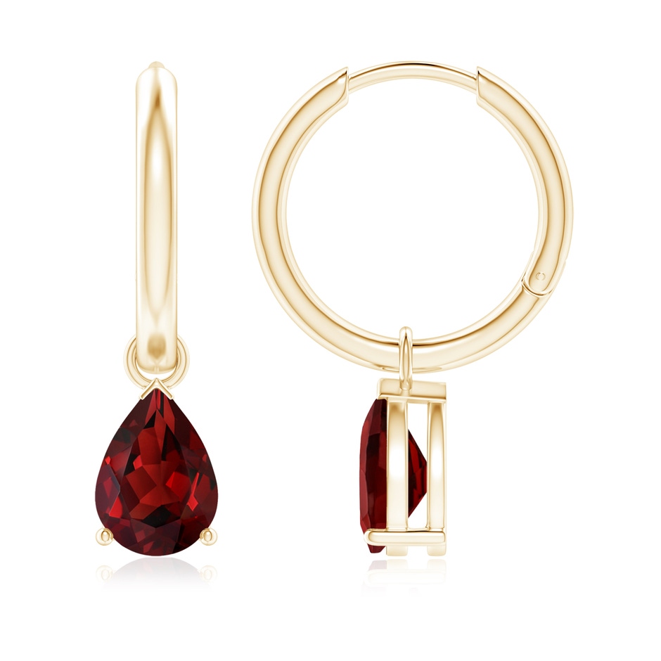 8x6mm AAAA Pear-Shaped Garnet Hinged Hoop Drop Earrings in Yellow Gold 