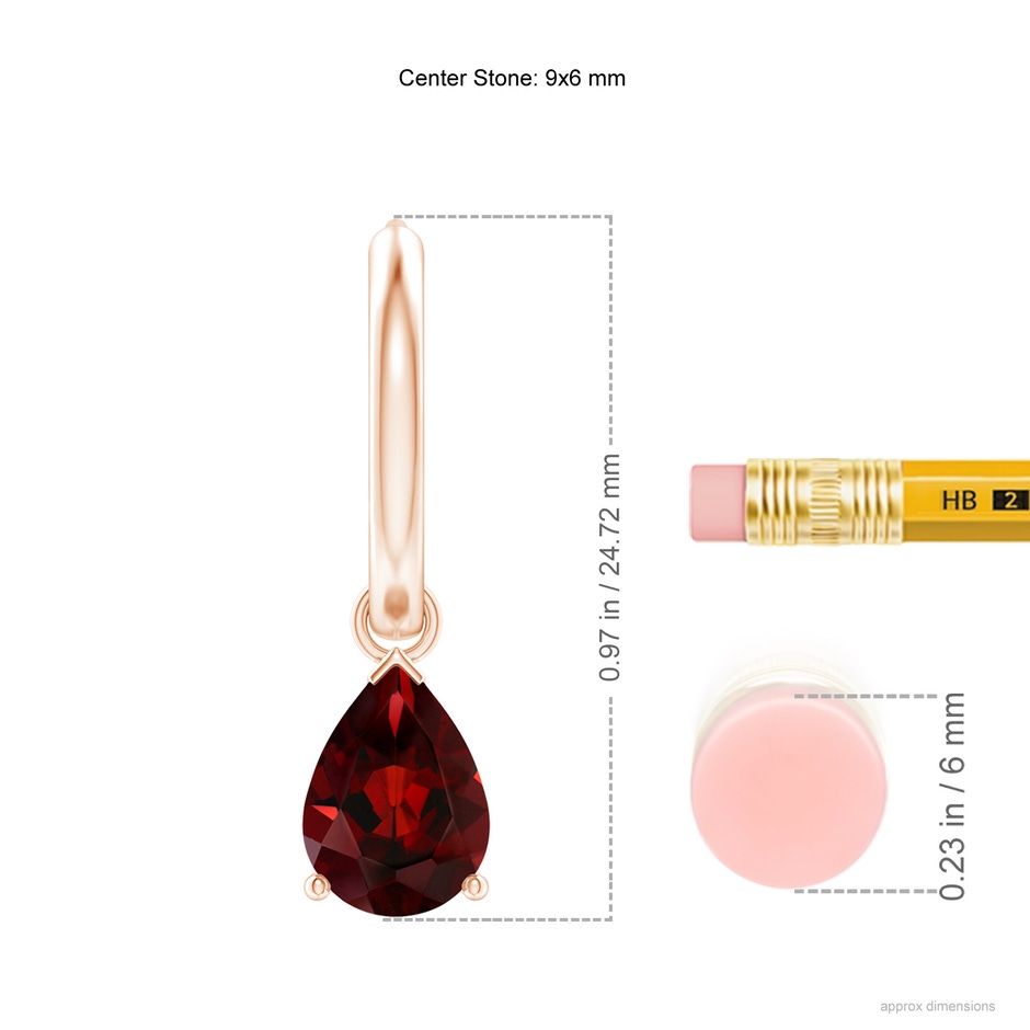 9x6mm AAA Pear-Shaped Garnet Hinged Hoop Drop Earrings in Rose Gold ruler