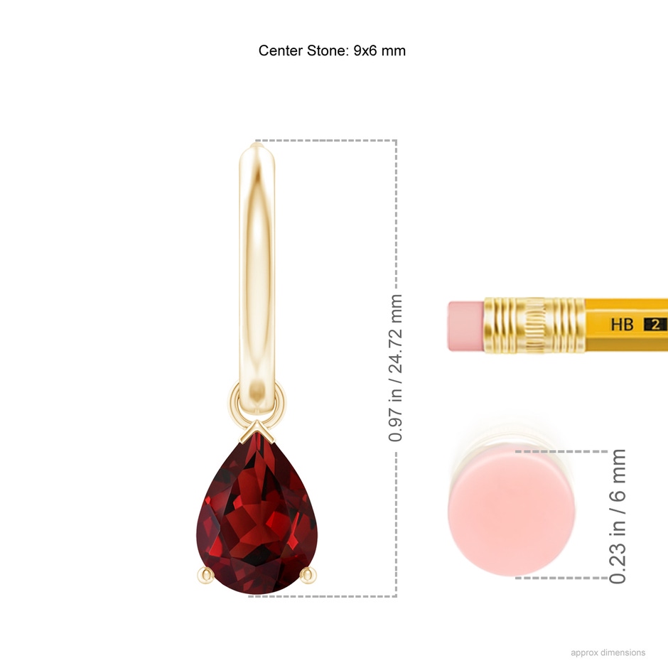 9x6mm AAAA Pear-Shaped Garnet Hinged Hoop Drop Earrings in Yellow Gold ruler