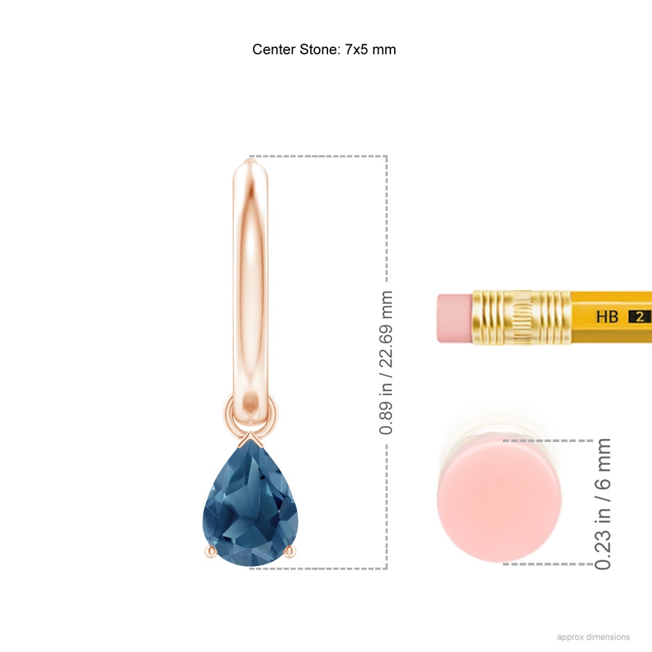 7x5mm A Pear-Shaped London Blue Topaz Hinged Hoop Drop Earrings in Rose Gold ruler