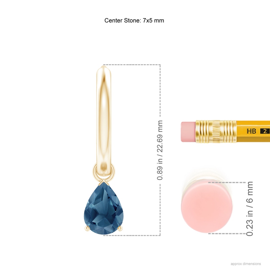 7x5mm A Pear-Shaped London Blue Topaz Hinged Hoop Drop Earrings in Yellow Gold ruler