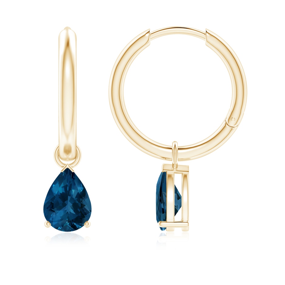 7x5mm AAA Pear-Shaped London Blue Topaz Hinged Hoop Drop Earrings in Yellow Gold 