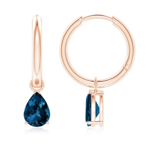 7x5mm AAAA Pear-Shaped London Blue Topaz Hinged Hoop Drop Earrings in 10K Rose Gold