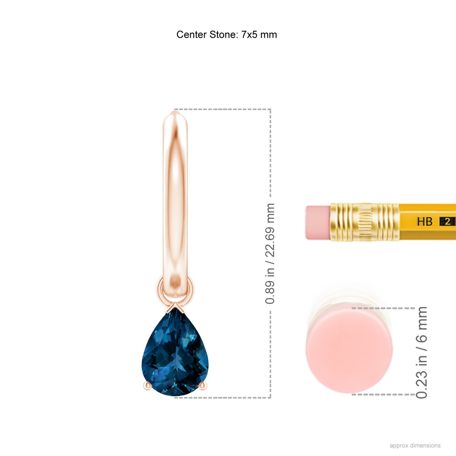 7x5mm AAAA Pear-Shaped London Blue Topaz Hinged Hoop Drop Earrings in Rose Gold ruler