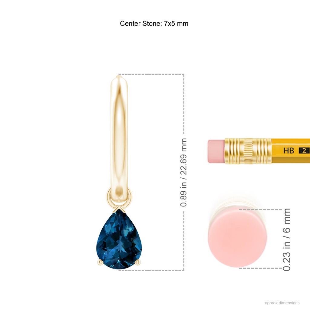7x5mm AAAA Pear-Shaped London Blue Topaz Hinged Hoop Drop Earrings in Yellow Gold Ruler