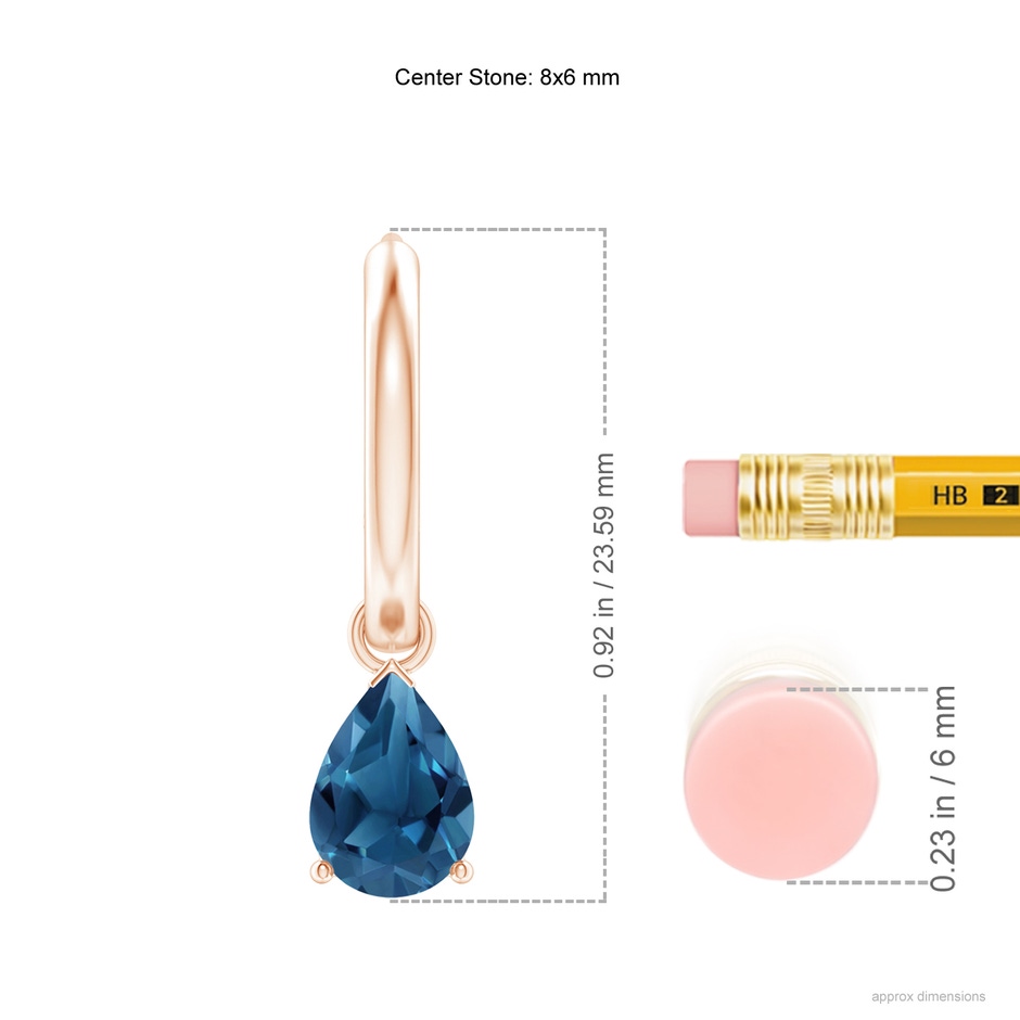 8x6mm AA Pear-Shaped London Blue Topaz Hinged Hoop Drop Earrings in Rose Gold ruler