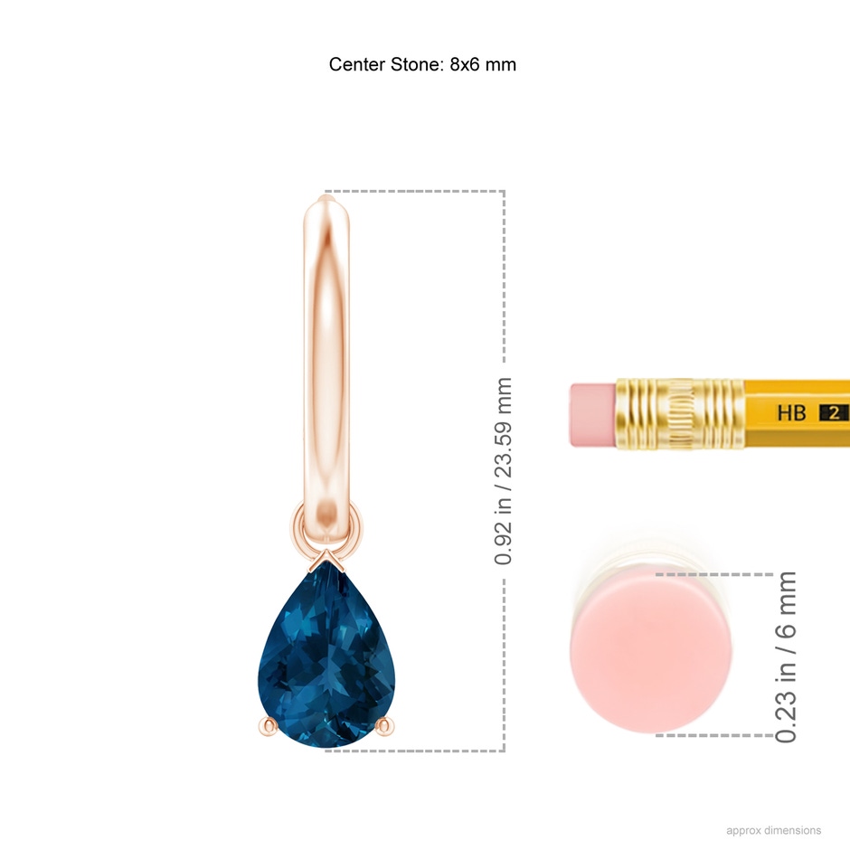 8x6mm AAA Pear-Shaped London Blue Topaz Hinged Hoop Drop Earrings in Rose Gold ruler
