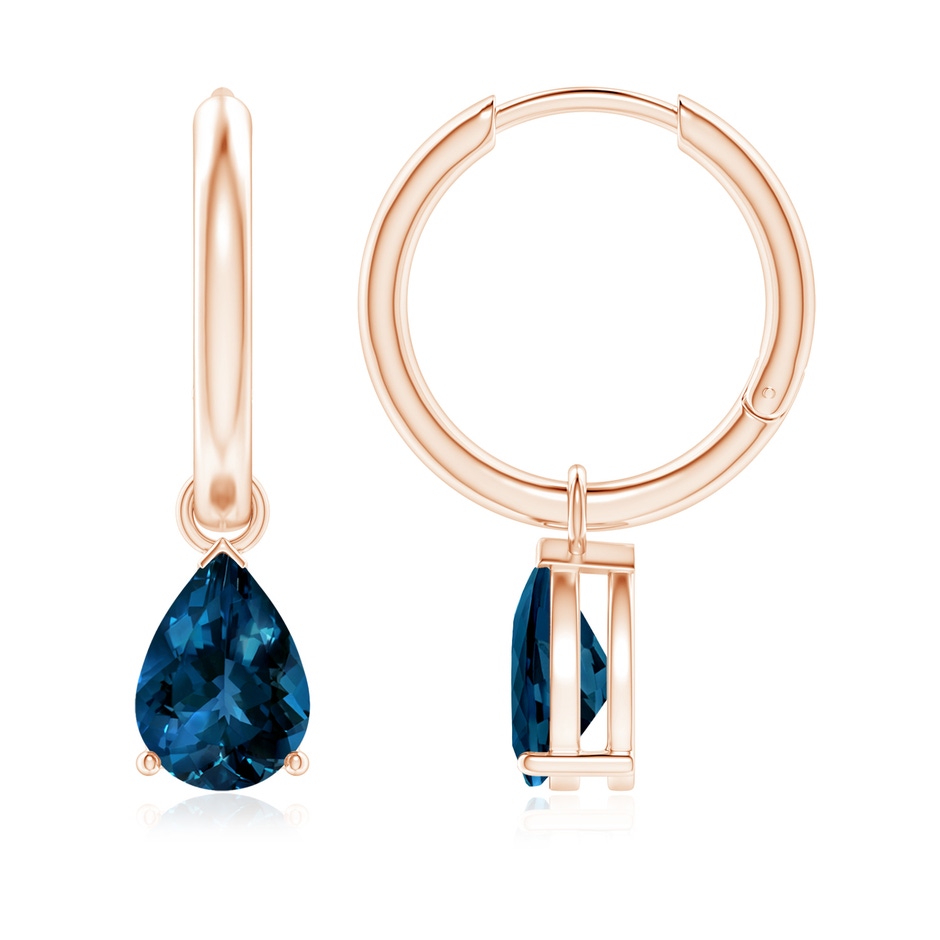8x6mm AAAA Pear-Shaped London Blue Topaz Hinged Hoop Drop Earrings in Rose Gold 