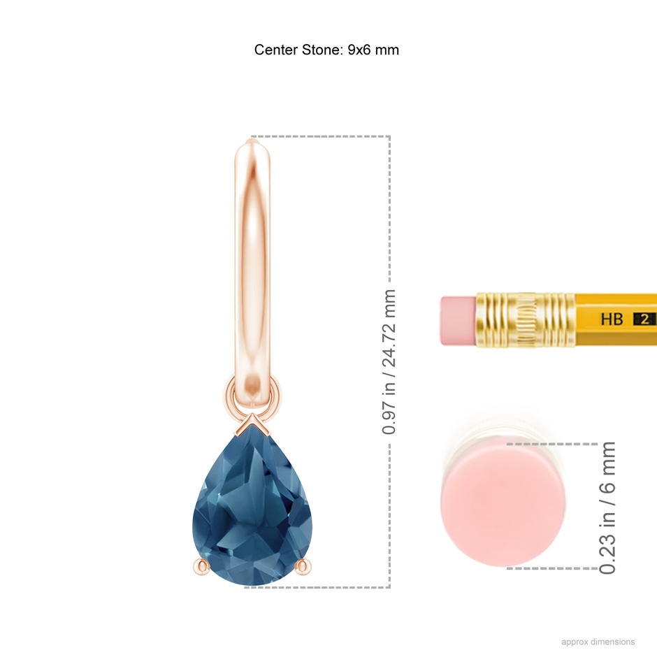 9x6mm A Pear-Shaped London Blue Topaz Hinged Hoop Drop Earrings in Rose Gold ruler