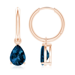 9x6mm AAAA Pear-Shaped London Blue Topaz Hinged Hoop Drop Earrings in Rose Gold