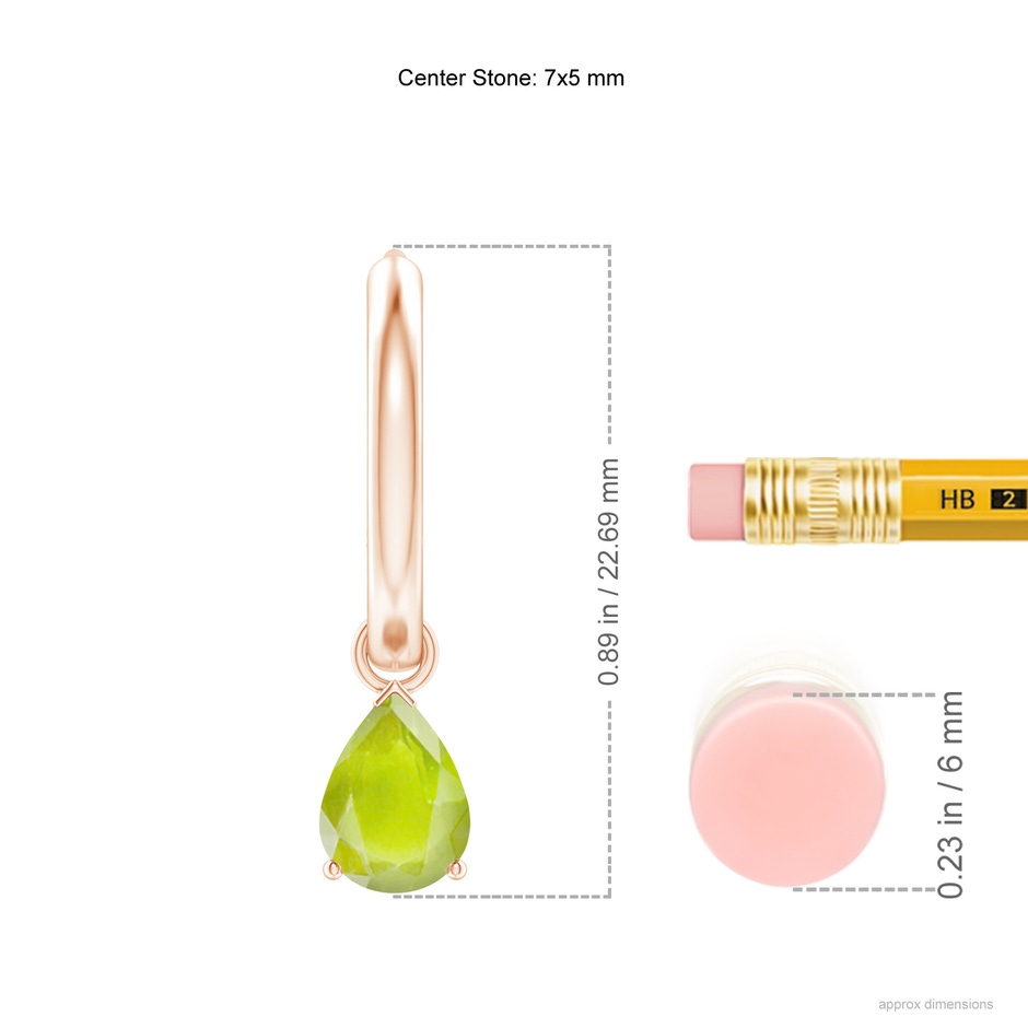 7x5mm A Pear-Shaped Peridot Hinged Hoop Drop Earrings in Rose Gold ruler