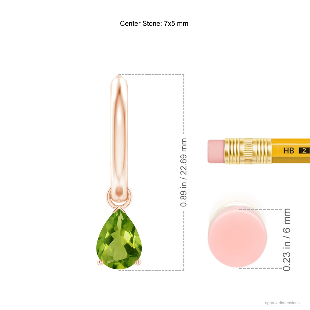 7x5mm AAAA Pear-Shaped Peridot Hinged Hoop Drop Earrings in Rose Gold Ruler