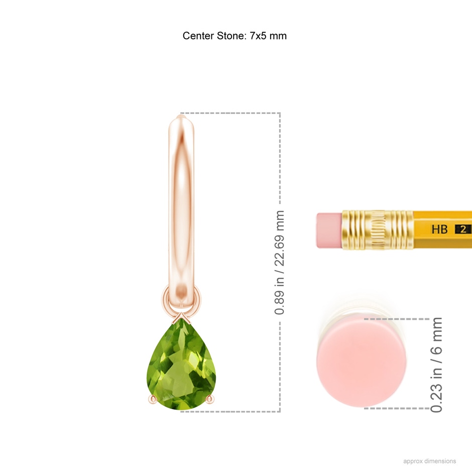 7x5mm AAAA Pear-Shaped Peridot Hinged Hoop Drop Earrings in Rose Gold ruler