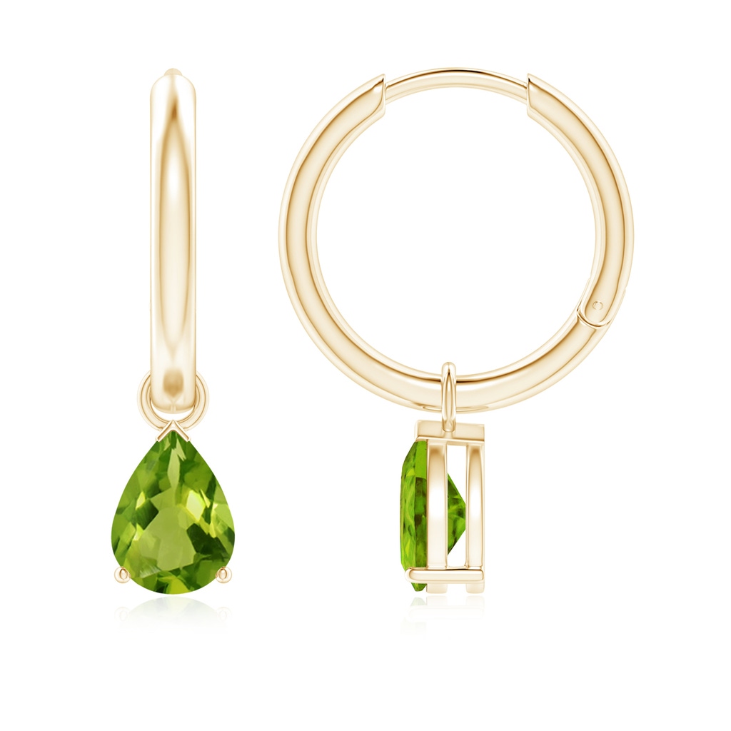 7x5mm AAAA Pear-Shaped Peridot Hinged Hoop Drop Earrings in Yellow Gold