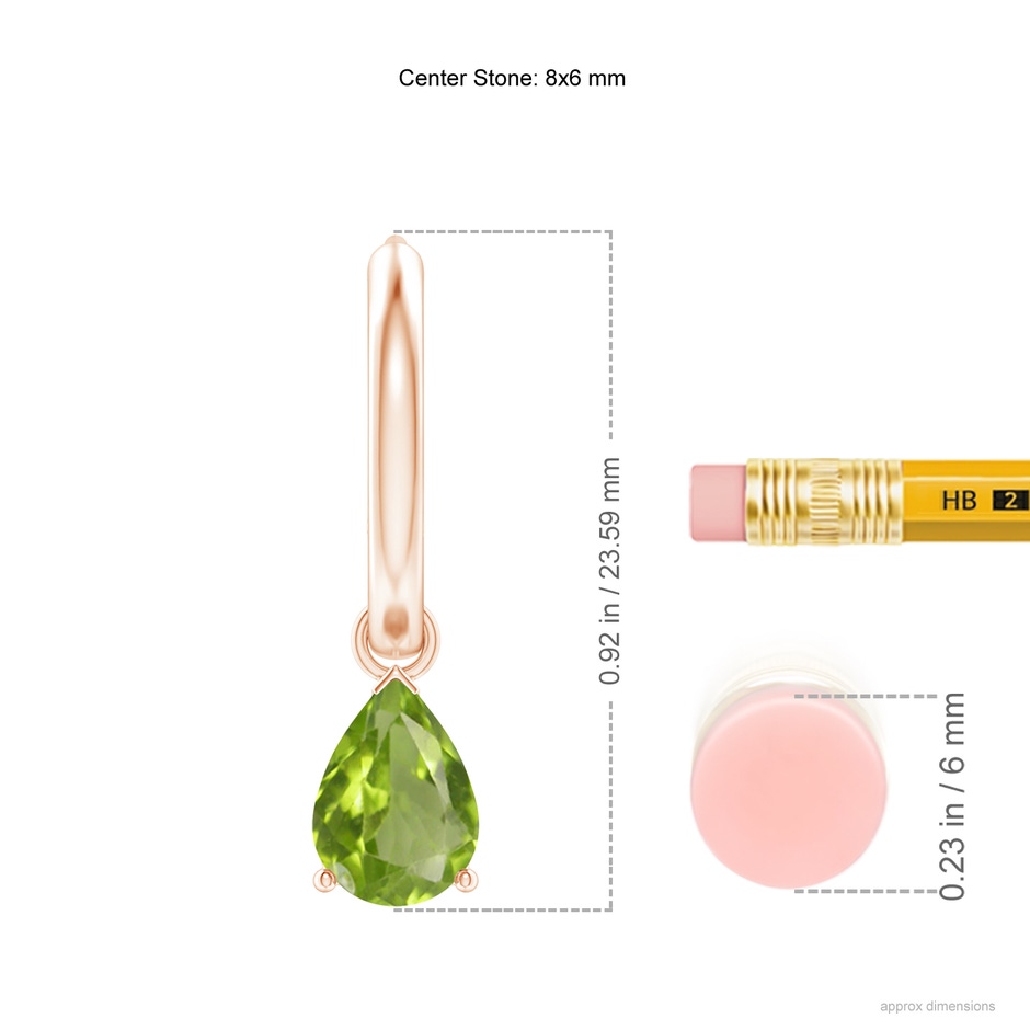8x6mm AA Pear-Shaped Peridot Hinged Hoop Drop Earrings in Rose Gold ruler