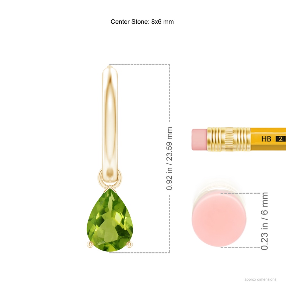 8x6mm AAAA Pear-Shaped Peridot Hinged Hoop Drop Earrings in Yellow Gold ruler