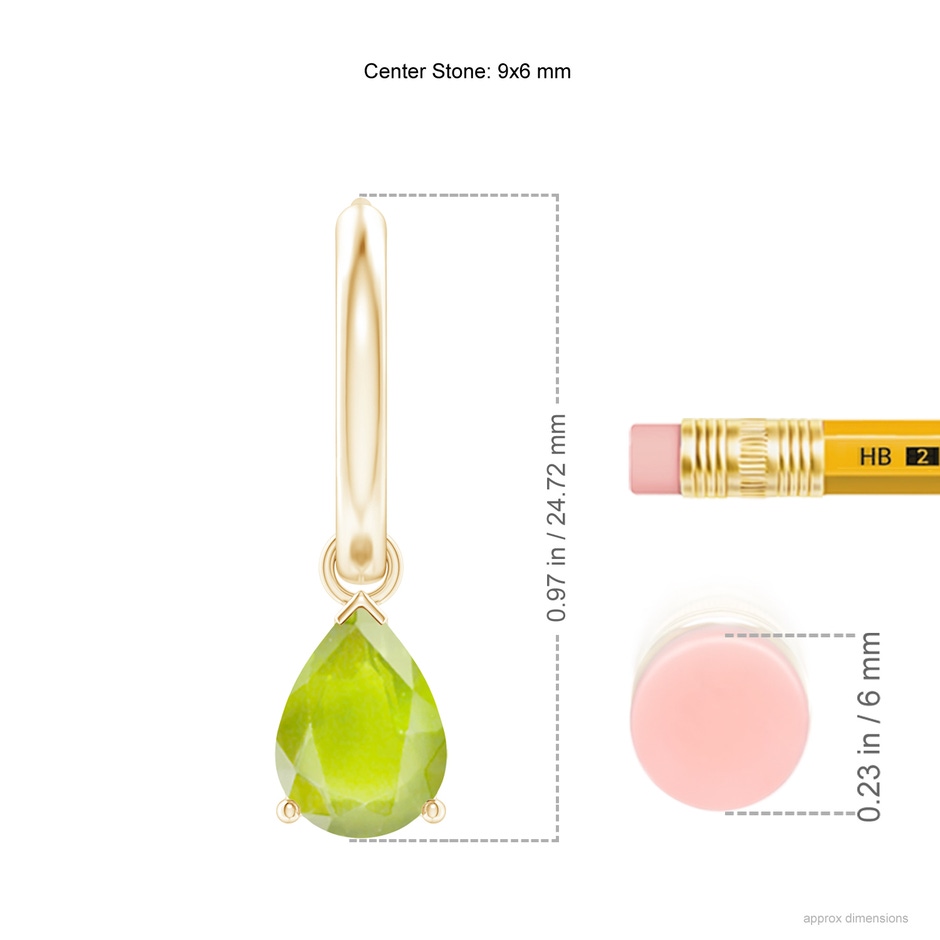 9x6mm A Pear-Shaped Peridot Hinged Hoop Drop Earrings in Yellow Gold ruler