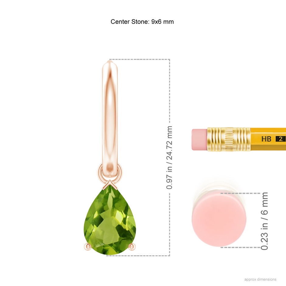 9x6mm AAAA Pear-Shaped Peridot Hinged Hoop Drop Earrings in Rose Gold ruler