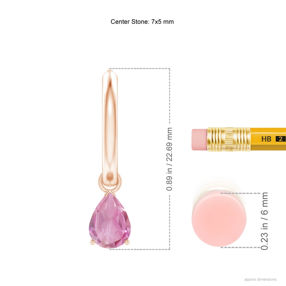 7x5mm A Pear-Shaped Pink Tourmaline Hinged Hoop Drop Earrings in Rose Gold ruler