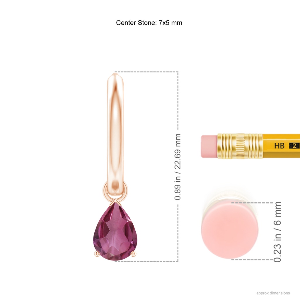 7x5mm AAAA Pear-Shaped Pink Tourmaline Hinged Hoop Drop Earrings in Rose Gold Ruler