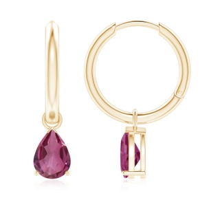 7x5mm AAAA Pear-Shaped Pink Tourmaline Hinged Hoop Drop Earrings in Yellow Gold