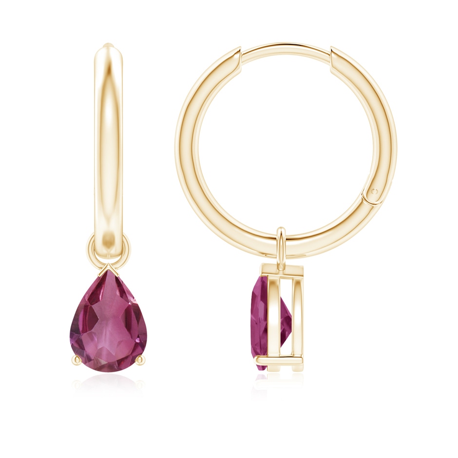 7x5mm AAAA Pear-Shaped Pink Tourmaline Hinged Hoop Drop Earrings in Yellow Gold 