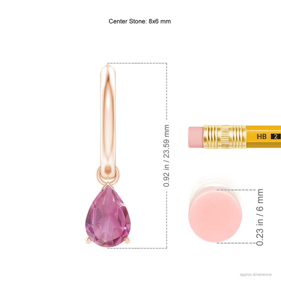 8x6mm AA Pear-Shaped Pink Tourmaline Hinged Hoop Drop Earrings in Rose Gold ruler