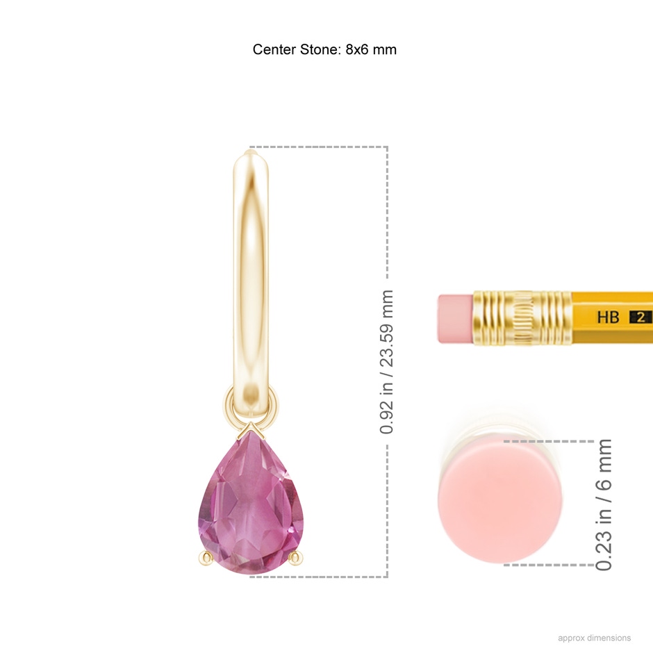 8x6mm AA Pear-Shaped Pink Tourmaline Hinged Hoop Drop Earrings in Yellow Gold ruler