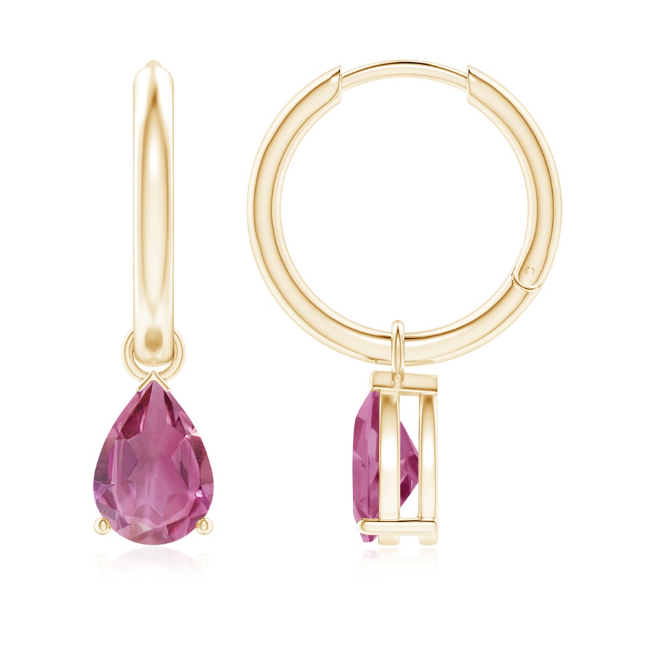 8x6mm AAA Pear-Shaped Pink Tourmaline Hinged Hoop Drop Earrings in Yellow Gold 