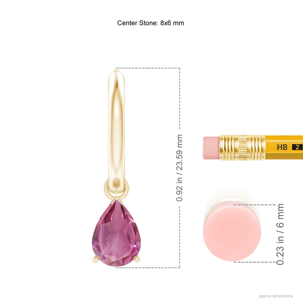 8x6mm AAA Pear-Shaped Pink Tourmaline Hinged Hoop Drop Earrings in Yellow Gold Ruler