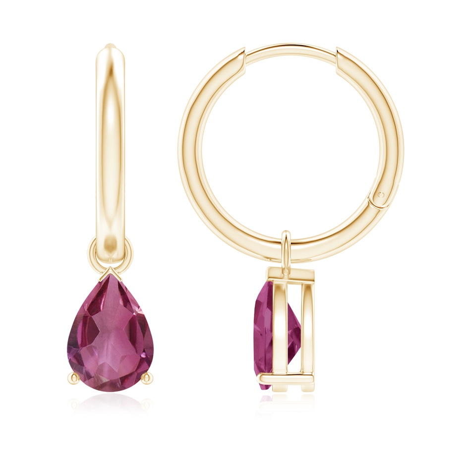 8x6mm AAAA Pear-Shaped Pink Tourmaline Hinged Hoop Drop Earrings in Yellow Gold 