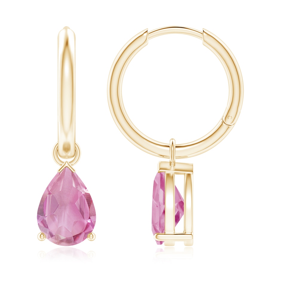 9x6mm A Pear-Shaped Pink Tourmaline Hinged Hoop Drop Earrings in Yellow Gold 