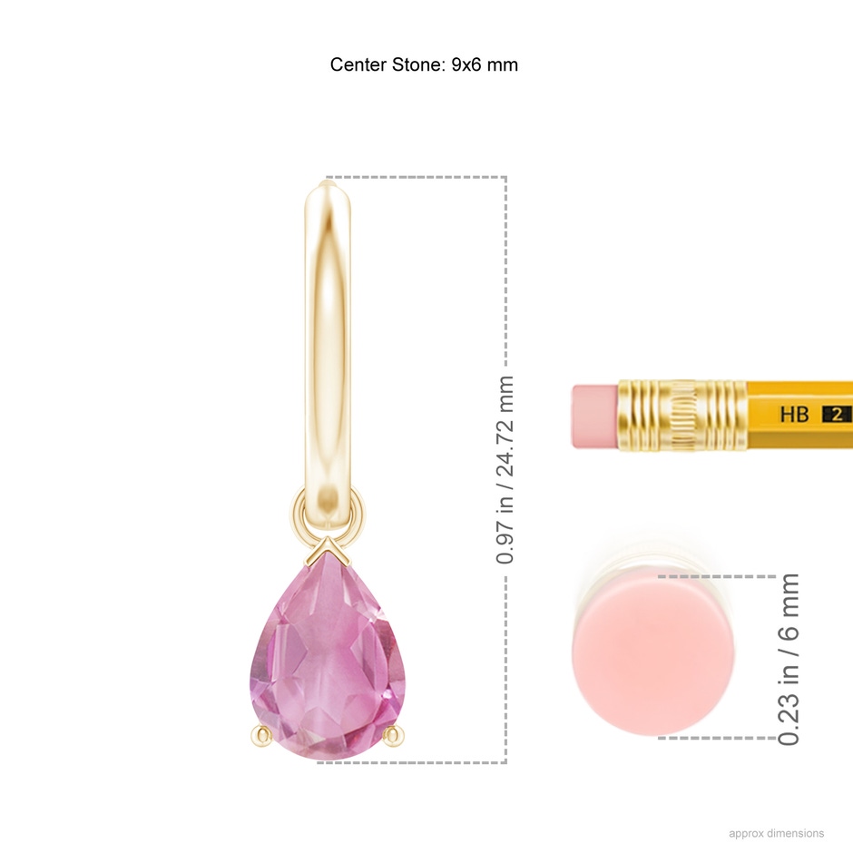 9x6mm A Pear-Shaped Pink Tourmaline Hinged Hoop Drop Earrings in Yellow Gold ruler