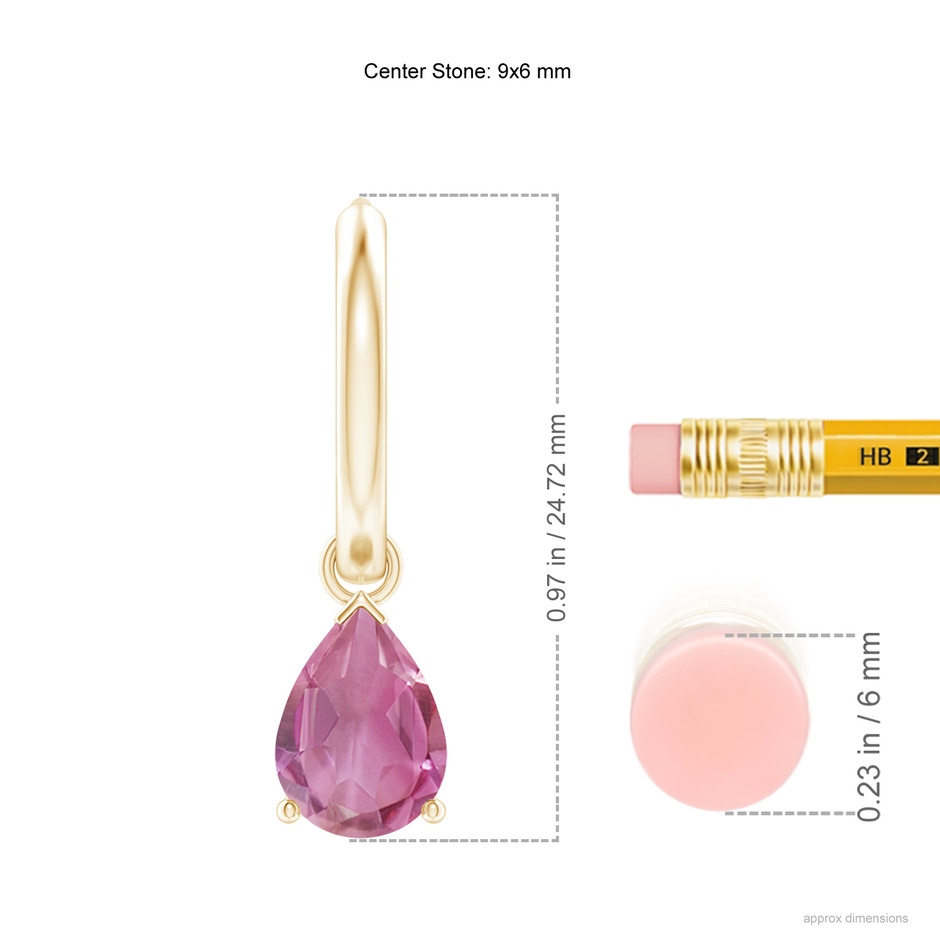 9x6mm AA Pear-Shaped Pink Tourmaline Hinged Hoop Drop Earrings in Yellow Gold ruler