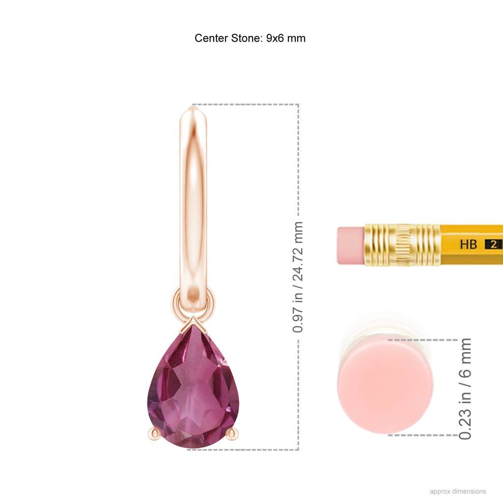 9x6mm AAAA Pear-Shaped Pink Tourmaline Hinged Hoop Drop Earrings in Rose Gold Ruler
