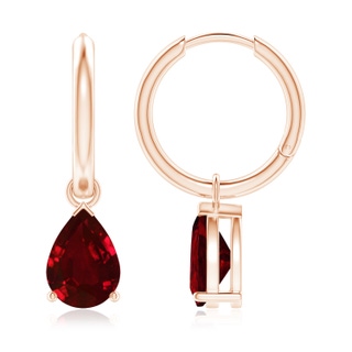 9x6mm AAAA Pear-Shaped Ruby Hinged Hoop Drop Earrings in Rose Gold