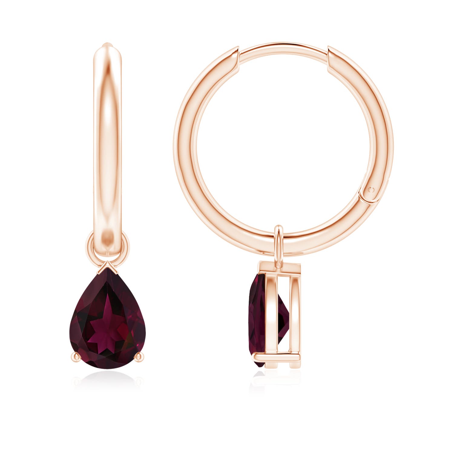 7x5mm A Pear-Shaped Rhodolite Hinged Hoop Drop Earrings in Rose Gold