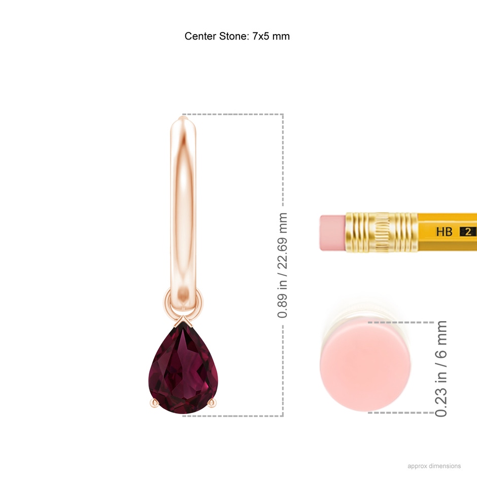 7x5mm AAA Pear-Shaped Rhodolite Hinged Hoop Drop Earrings in Rose Gold ruler