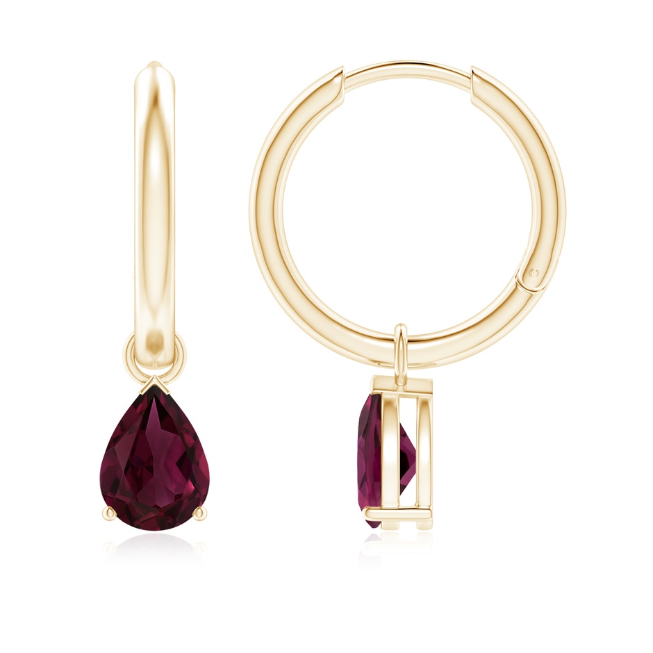 7x5mm AAA Pear-Shaped Rhodolite Hinged Hoop Drop Earrings in Yellow Gold 