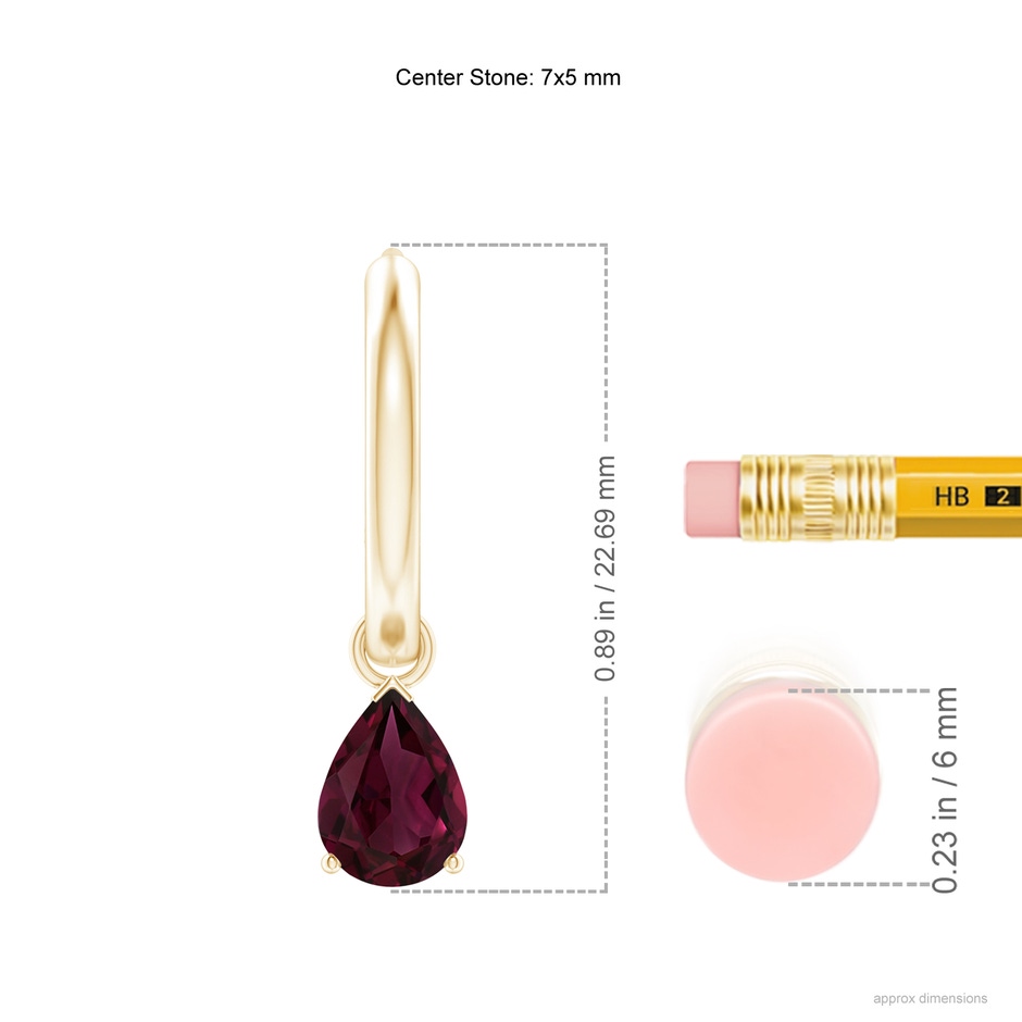 7x5mm AAA Pear-Shaped Rhodolite Hinged Hoop Drop Earrings in Yellow Gold ruler