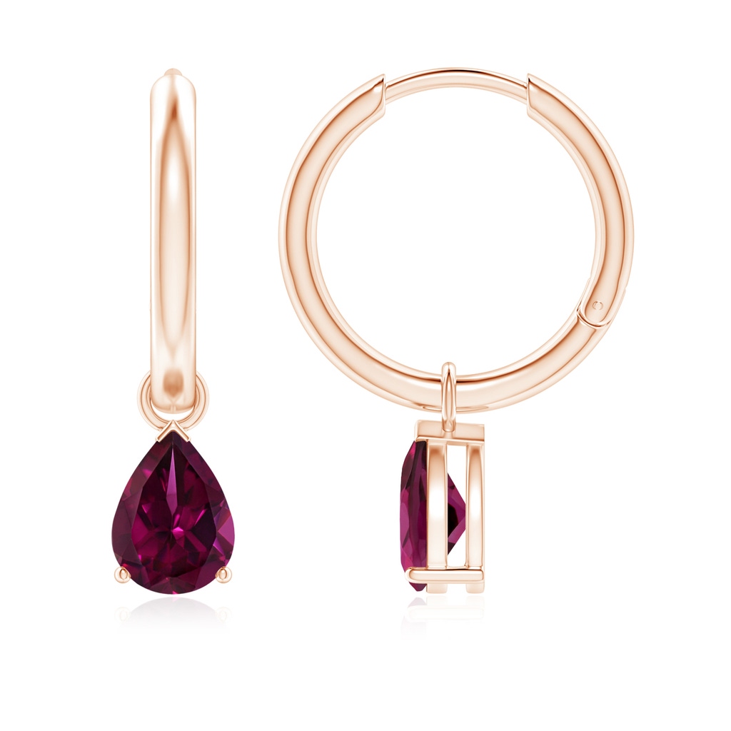 7x5mm AAAA Pear-Shaped Rhodolite Hinged Hoop Drop Earrings in Rose Gold