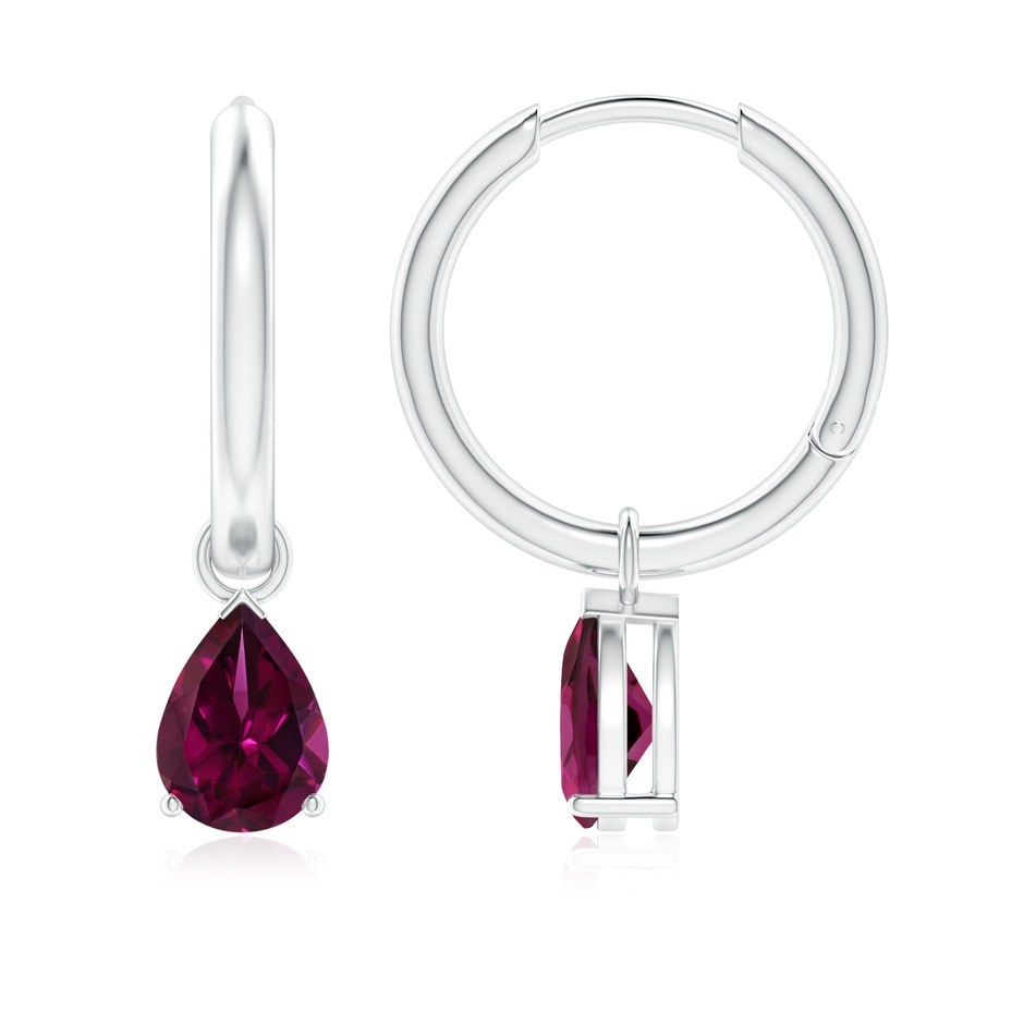 7x5mm AAAA Pear-Shaped Rhodolite Hinged Hoop Drop Earrings in White Gold 