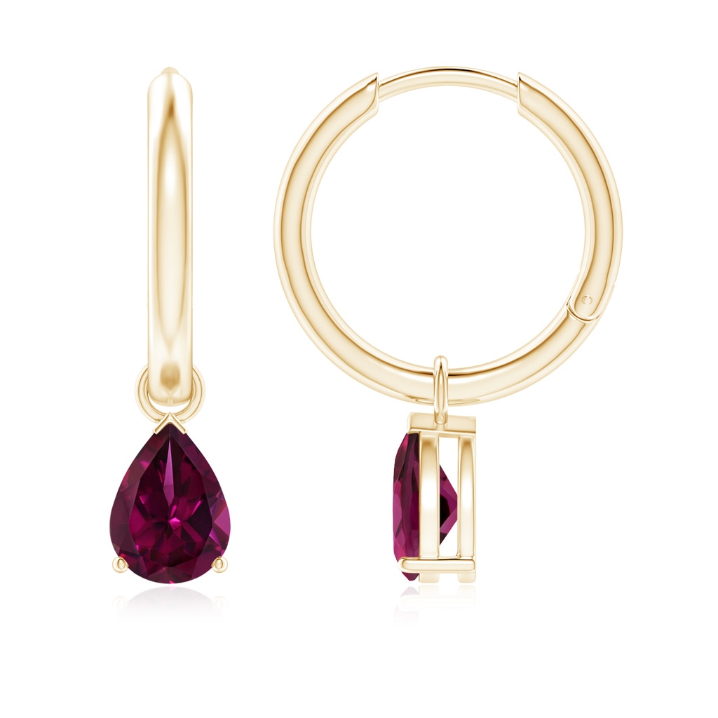 7x5mm AAAA Pear-Shaped Rhodolite Hinged Hoop Drop Earrings in Yellow Gold