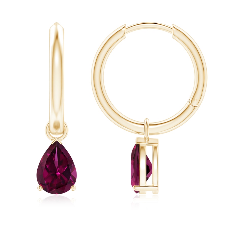7x5mm AAAA Pear-Shaped Rhodolite Hinged Hoop Drop Earrings in Yellow Gold 