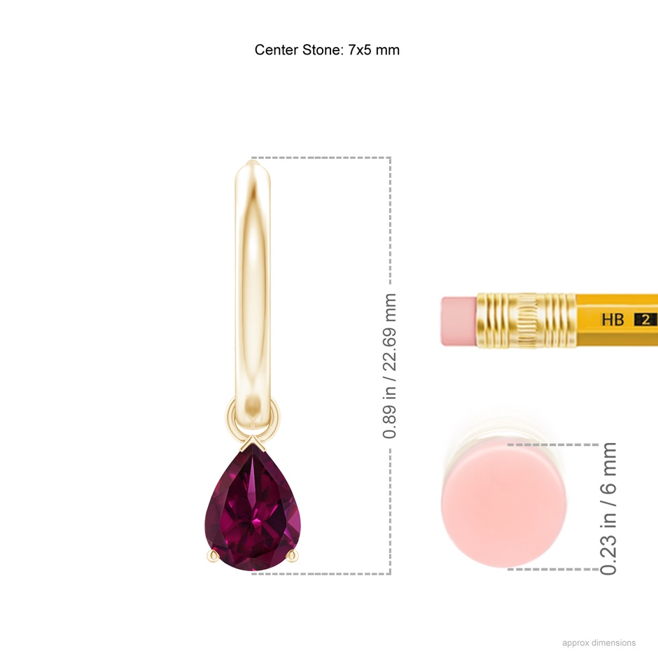 7x5mm AAAA Pear-Shaped Rhodolite Hinged Hoop Drop Earrings in Yellow Gold ruler